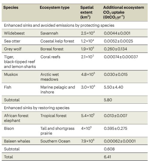 Estimated animal effects on net ecosystem carbon storage and the spatial extent of ecosystems in which the animals occur